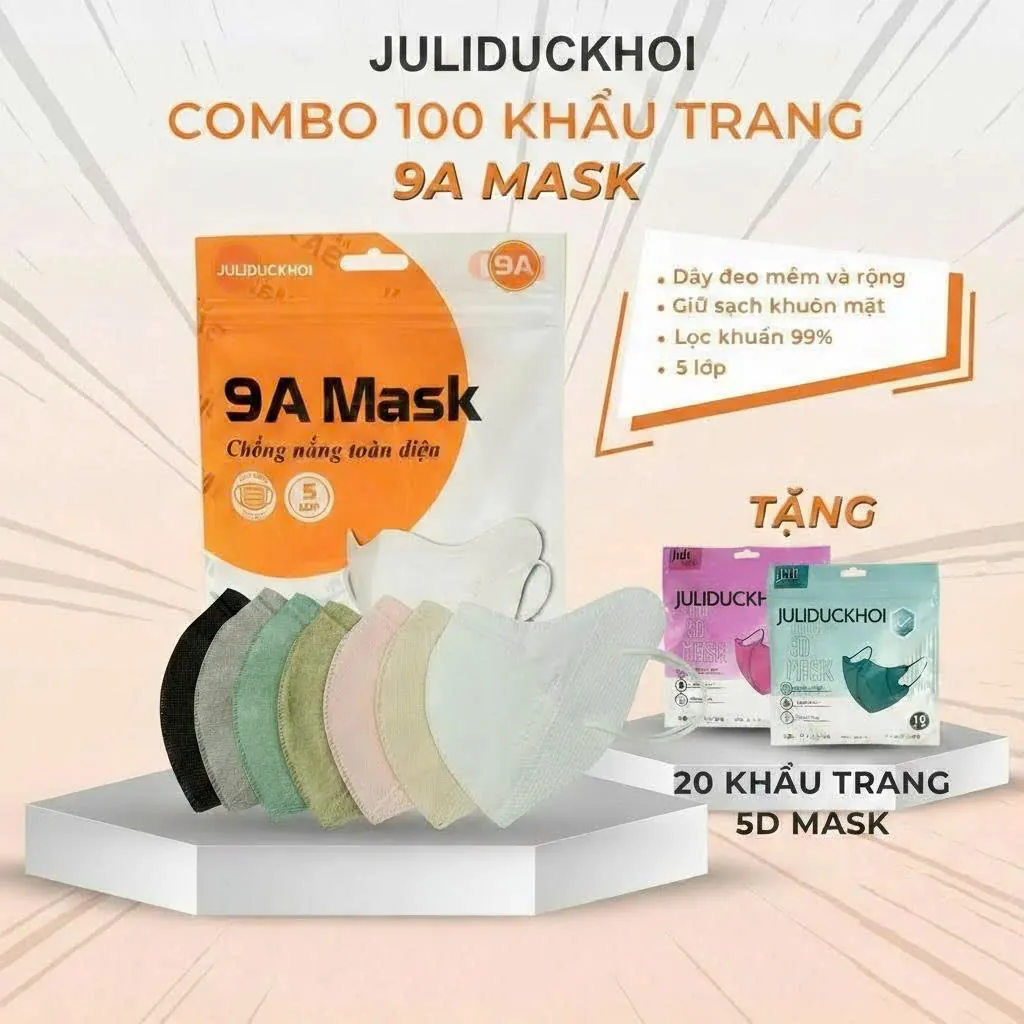 Combo 100 Khẩu Trang 9A Mask Tặng 2 Túi 5D Kids